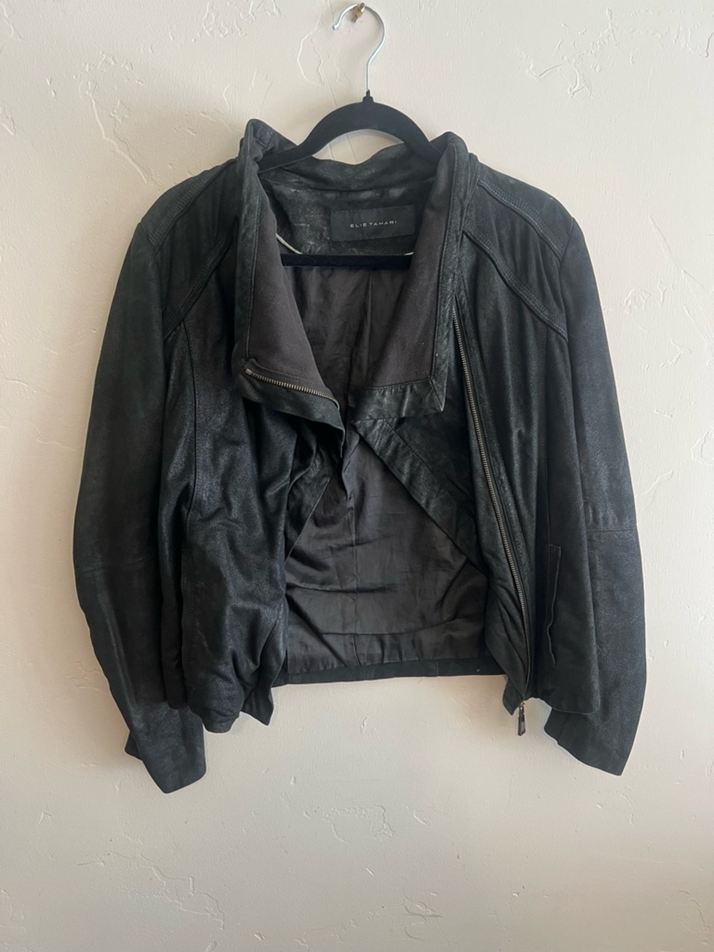Elie Tahari Black Draped Leather Jacket